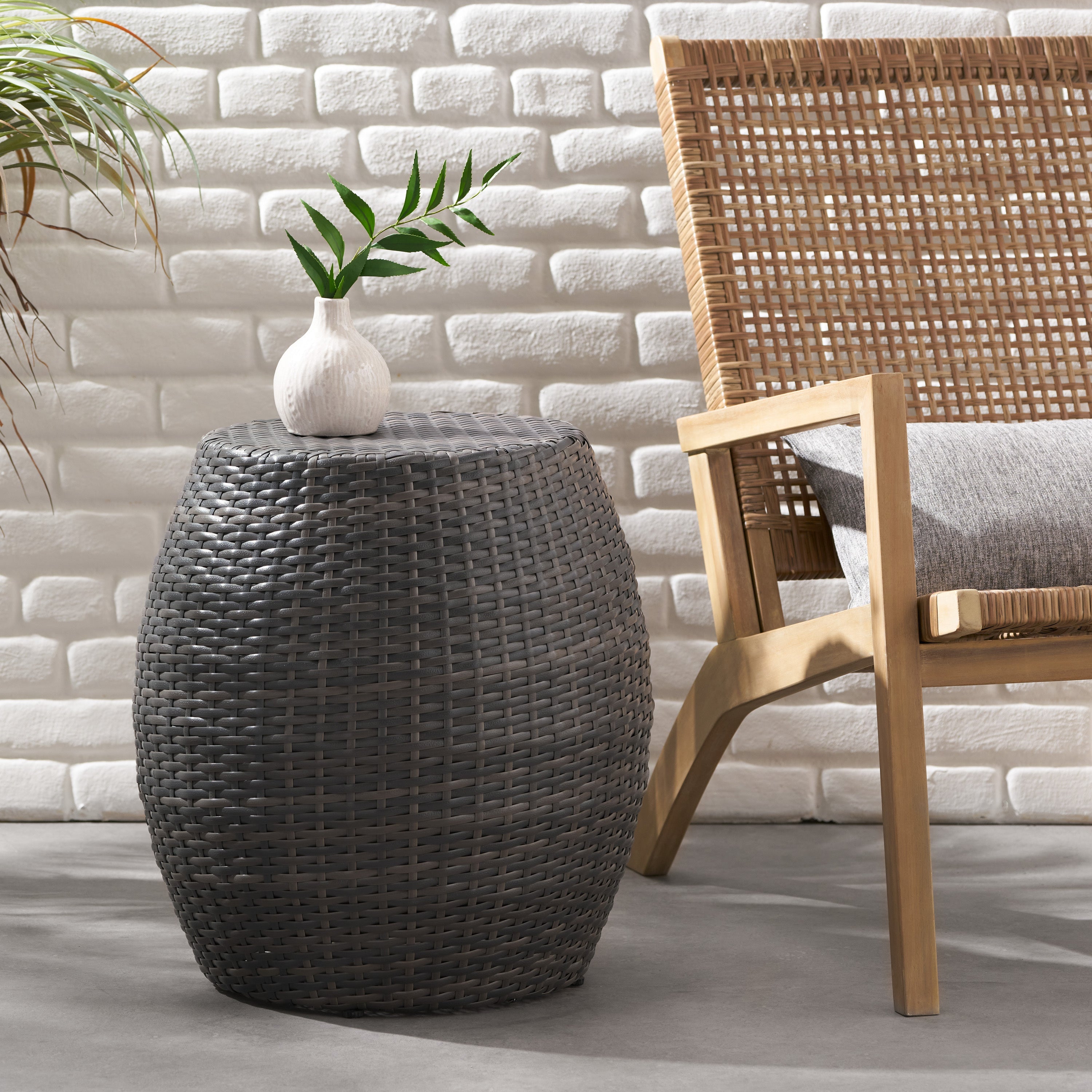 Outdoor Wicker Patio Side Table with Durable Polyethylene Frame in Grey, 20'' H x 19.25'' W