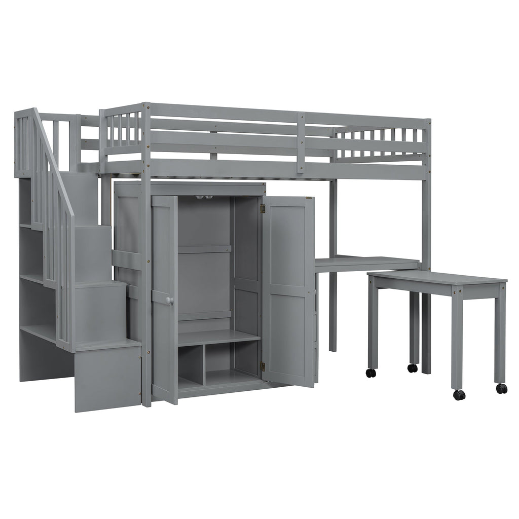 Twin Size Loft Bed with Stairs, Bookshelf, Drawers, Desk & Wardrobe – Space-Saving Multifunctional Furniture for Kids & Teens-Gray