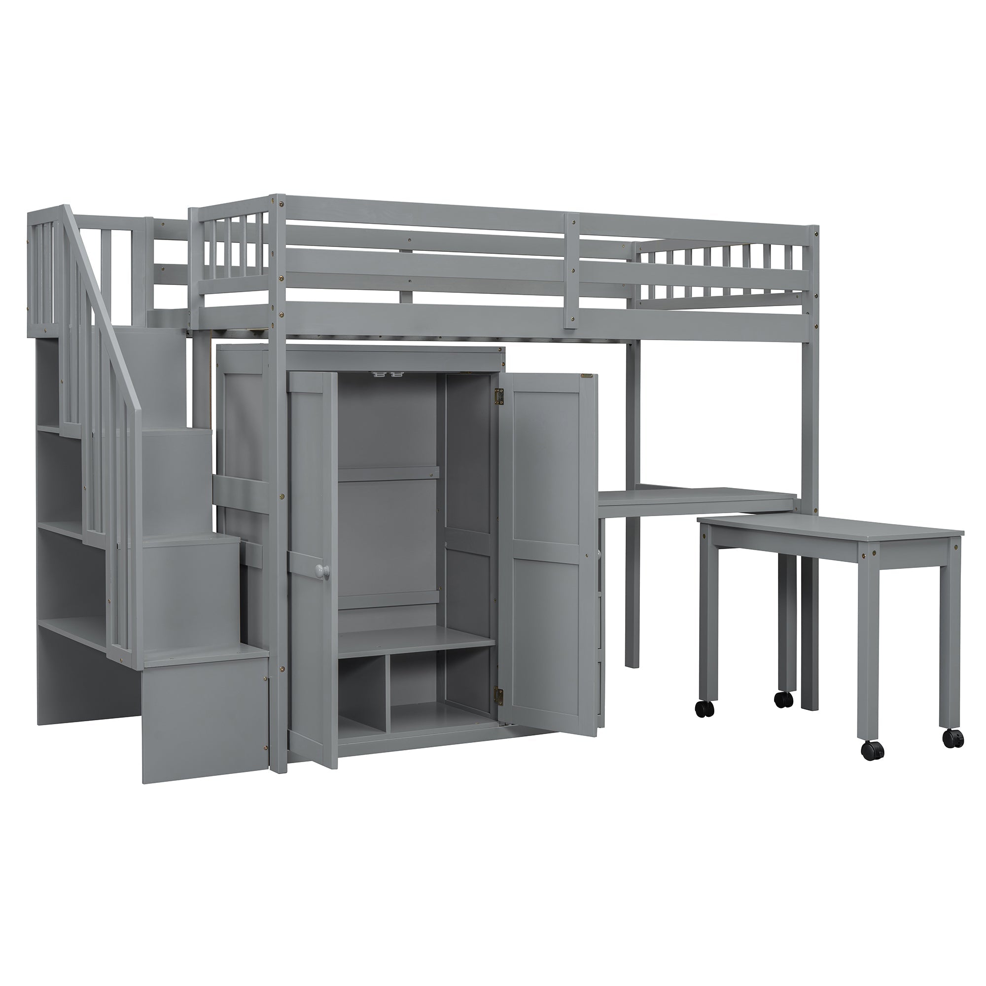 Twin Size Loft Bed with Stairs, Bookshelf, Drawers, Desk & Wardrobe – Space-Saving Multifunctional Furniture for Kids & Teens-Gray