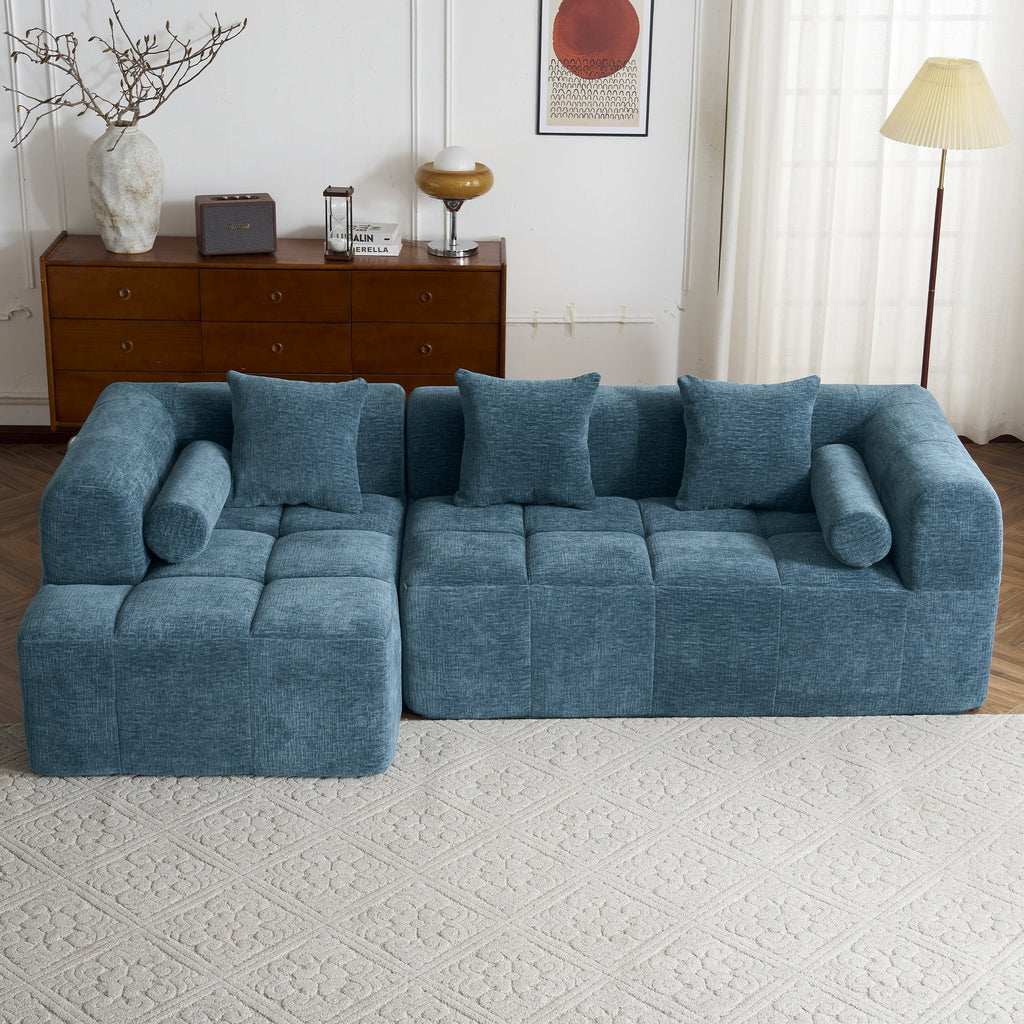 Modern Modular Sofa with Deep Seating, Two Side Pockets, and Plush Pillows in Blue Chenille Fabric, 101.2'