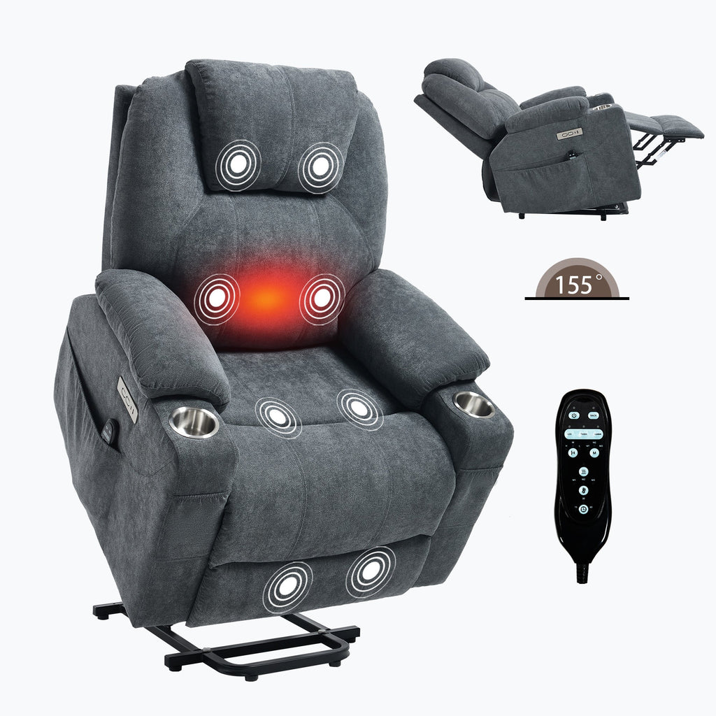 Up to 350 LBS polyester Power Lift Recliner Chair, Heavy Duty Motion Mechanism with 8-Point Vibration Massage and Lumbar Heating, USB and Type-C Ports, Stainless Steel Cup Holders, Grey