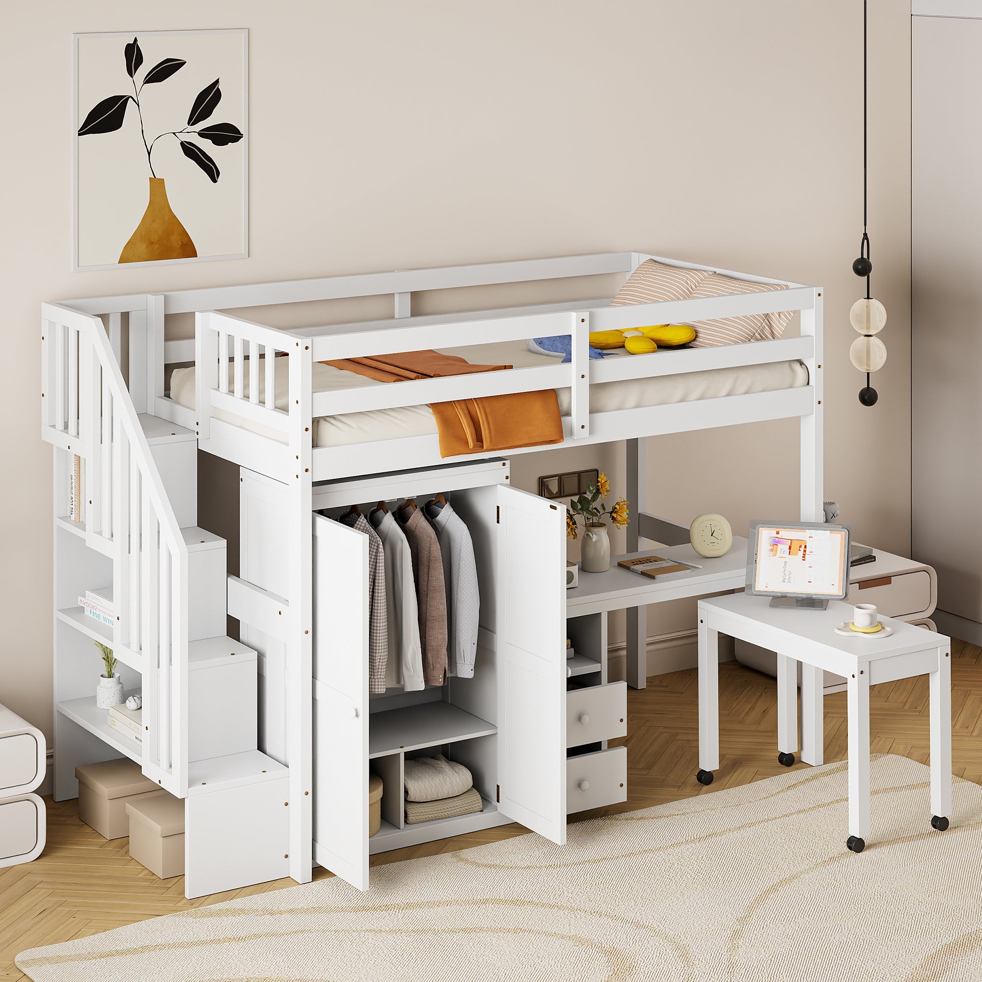 Twin Size Loft Bed with Stairs, Bookshelf, Drawers, Desk & Wardrobe – Space-Saving Multifunctional Furniture for Kids & Teens-White