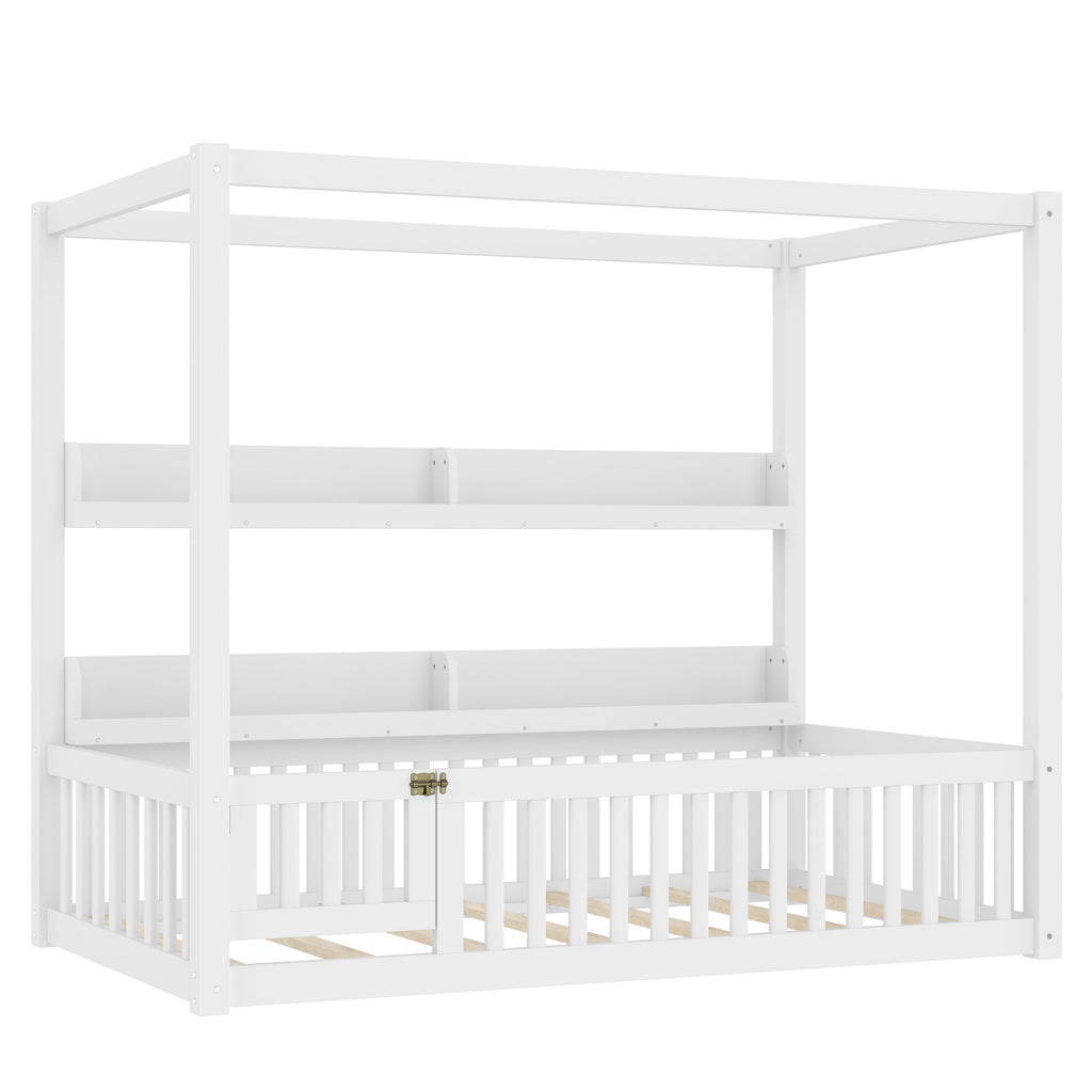 Twin Size Canopy Bed with Guardrails, Solid Wood Floor Bed with Shelves, Montessori Floor Bed Frame for Kids, Boys, Girls, No Spring Box Needed, White