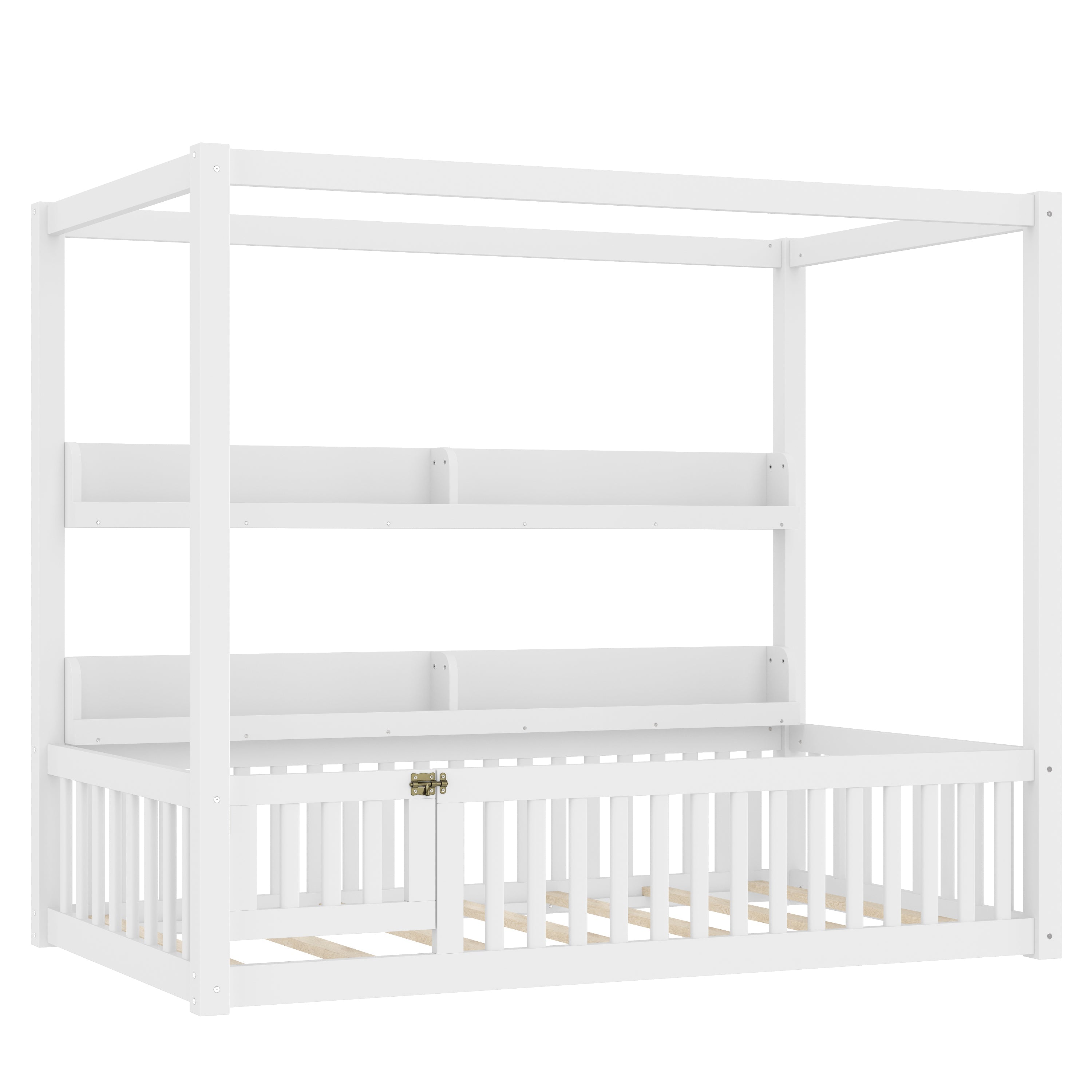 Twin Size Canopy Bed with Guardrails, Solid Wood Floor Bed with Shelves, Montessori Floor Bed Frame for Kids, Boys, Girls, No Spring Box Needed, White