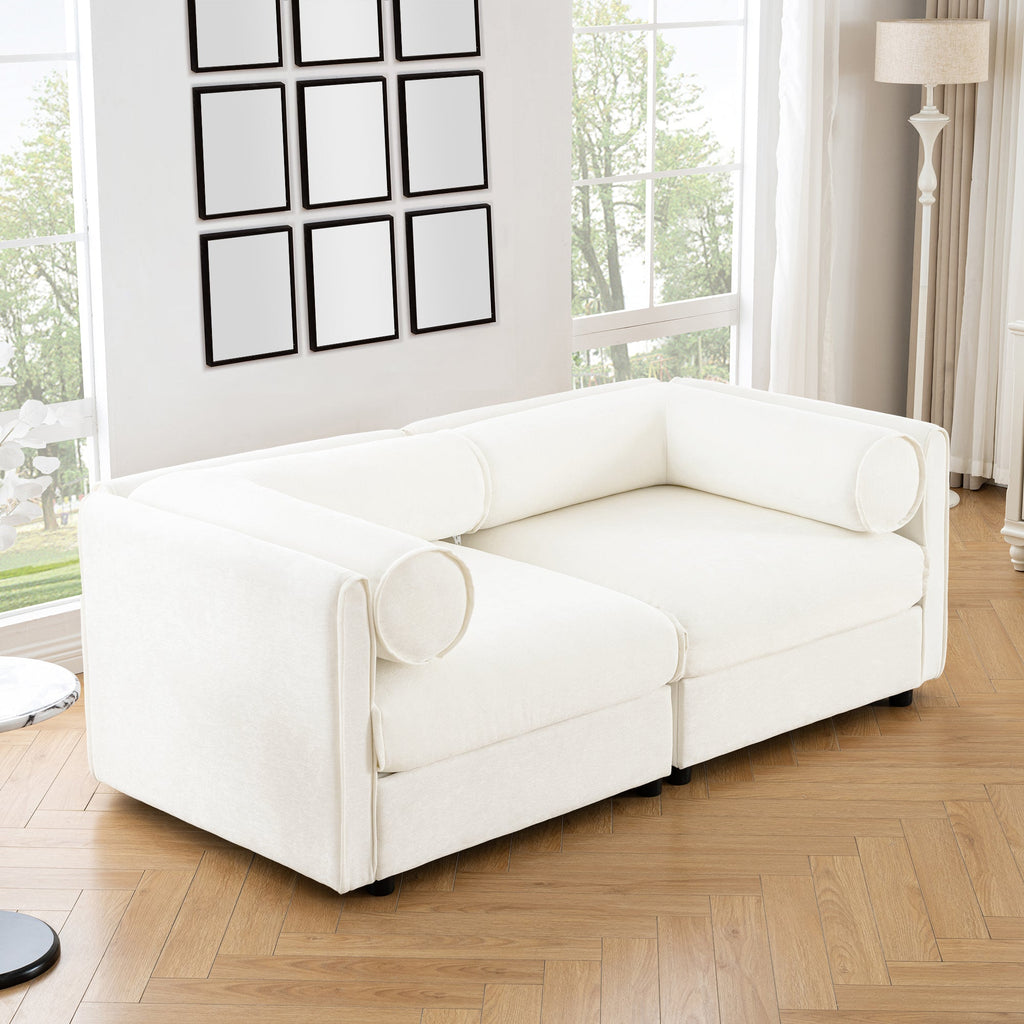 Stylish White Chenille 2-Seater Sofa with Storage Seat, Cylindrical Backrest and Armrests, Modern Fabric Loveseat Featuring Hidden Storage Space