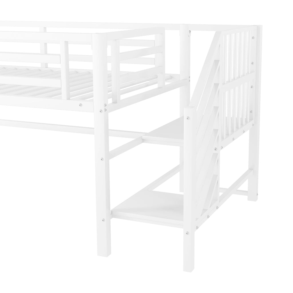 Twin Metal Loft Bed with Storage Cubby, Low Metal Loft Bed with Stairs for Kids, White, Expect Arrival Date 2025/11/10