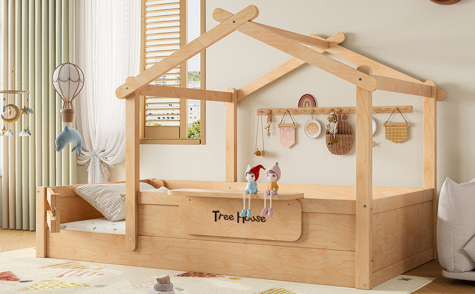 Twin Size Floor Bed with Guardrails and Roof, Kids House Floor Bed with a Small Built-in Tray and Free-installed Signboard, Childlike Design, Natural
