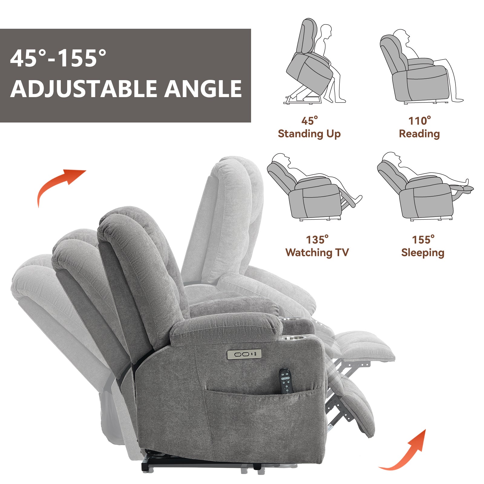 Power Lift Recliner Chair with Massage and Heat for Elderly, Overstuffed Wide Recliners, Heavy Duty Motion Mechanism with USB and Type C Ports, 2 Steel Cup Holders, Light Grey