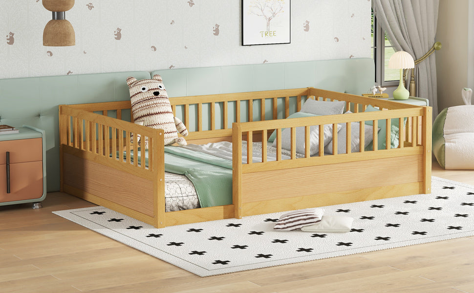 Full Floor Bed Frame with Fence, Montessori wooden children's floor bed,Wood Kids Floor Beds Frame for Bedroom Playroom,Natural