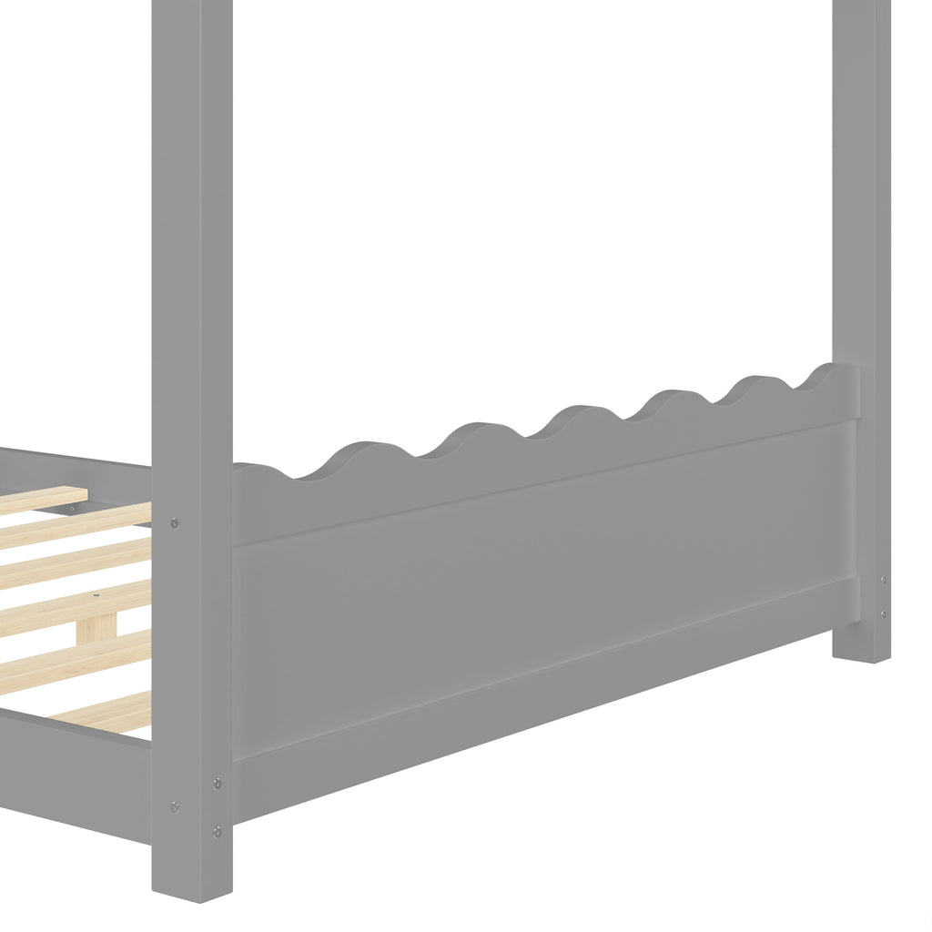 Full House Floor Bed with Support Slats, Solid Wood House Bed Frame for Kids, No Box Spring Needed and Opening Constructure, Gray