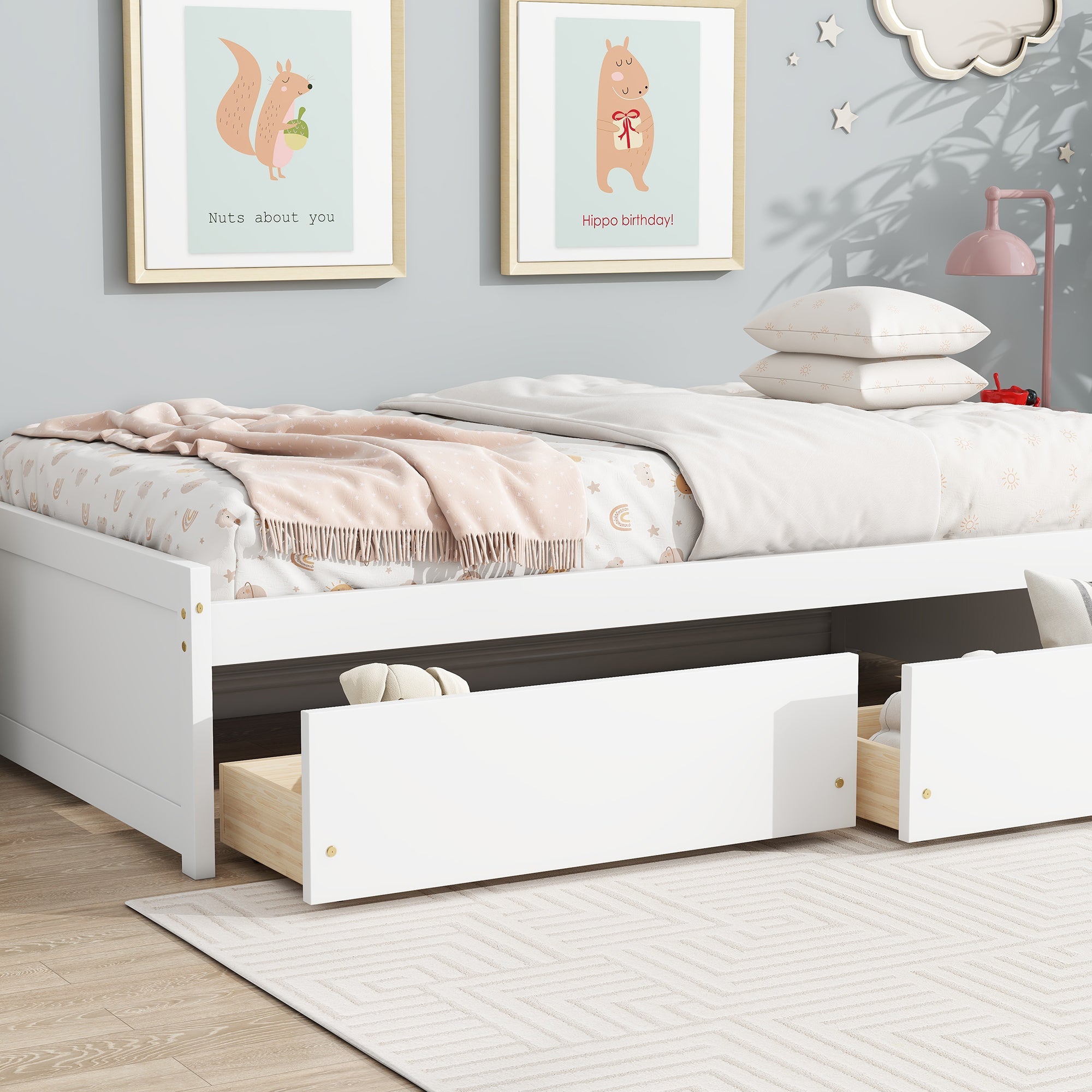 Twin Size Bed with 2 Drawers, Solid Rubber Wood Bed,White