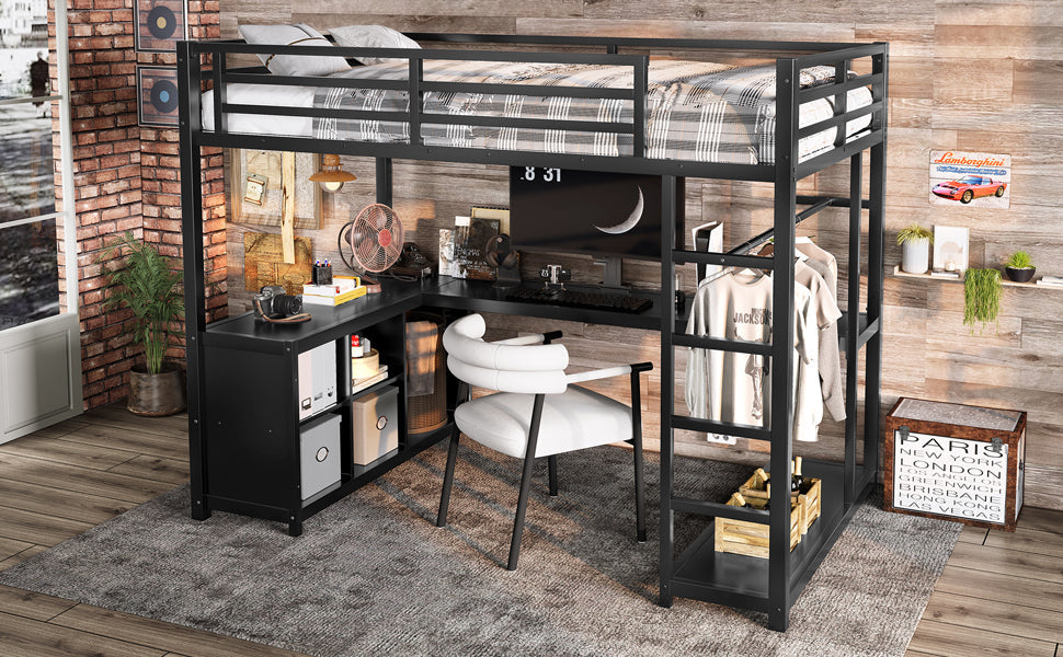 Metal Loft Bed with Wardrobe and L-shaped Desk, Twin Size Loft Bed with Storage Cubes and Shelves, Loft Bed for Kids Teens Adults, Black