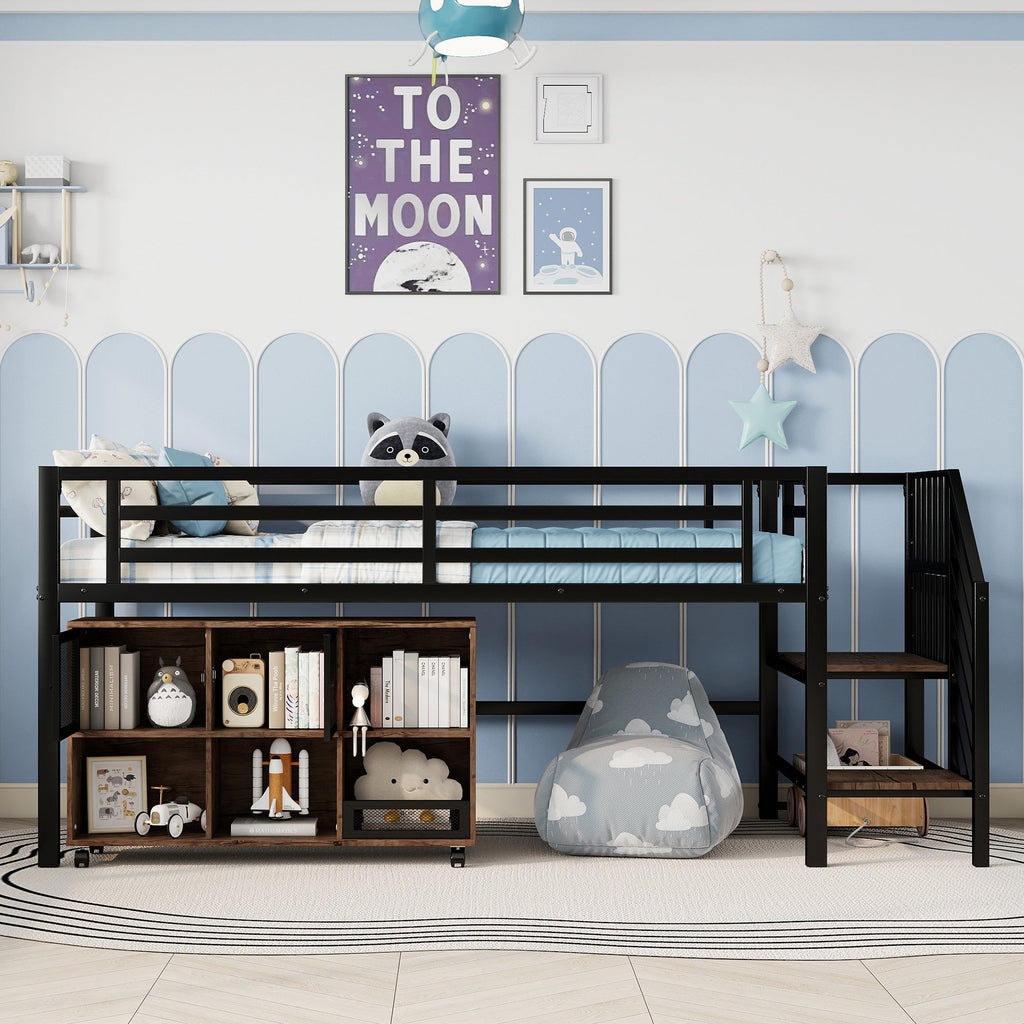 Twin Metal Loft Bed with Storage Cubby, Low Metal Loft Bed with Stairs for Kids, Black, Expect Arrival Date 2025/11/10