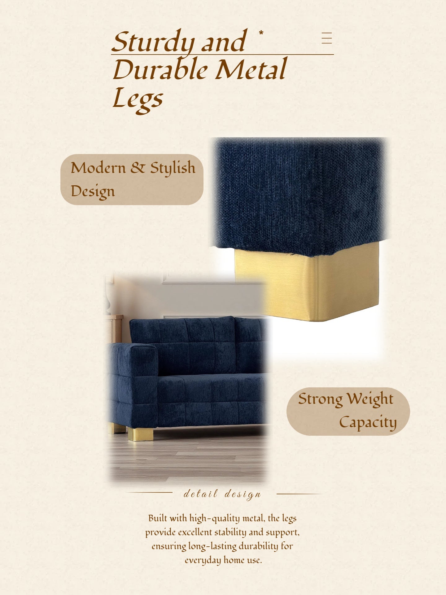 FX-P54-RB SOFA  Retro Blue Chenille Upholstered Couch, Wide-Arm 3-Seater with Custom Stainless-Steel Legs & Tufted Seat  Modern Living Room Sofa for Comfort & Style