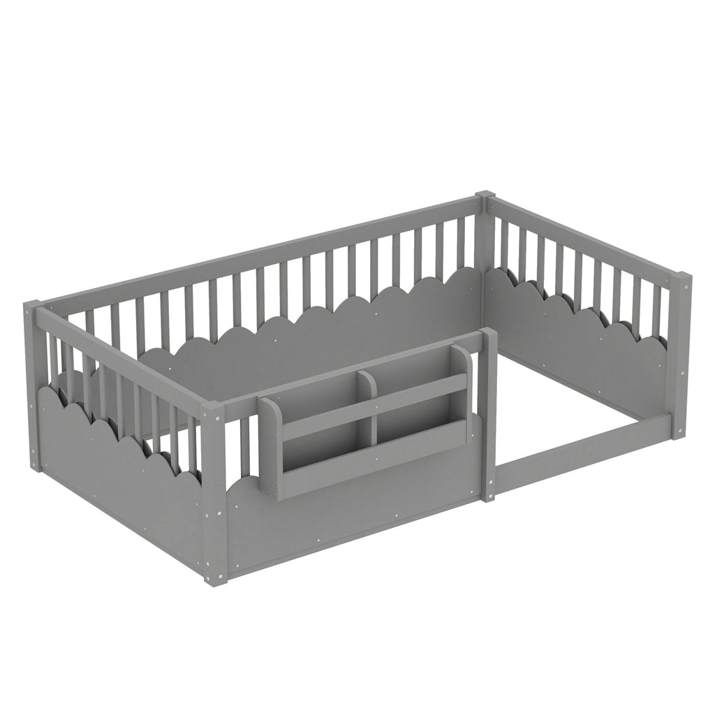 Twin Floor bed with Heightened Fence and bookshelf ,Wood Floor Bed for Kids, Gray.