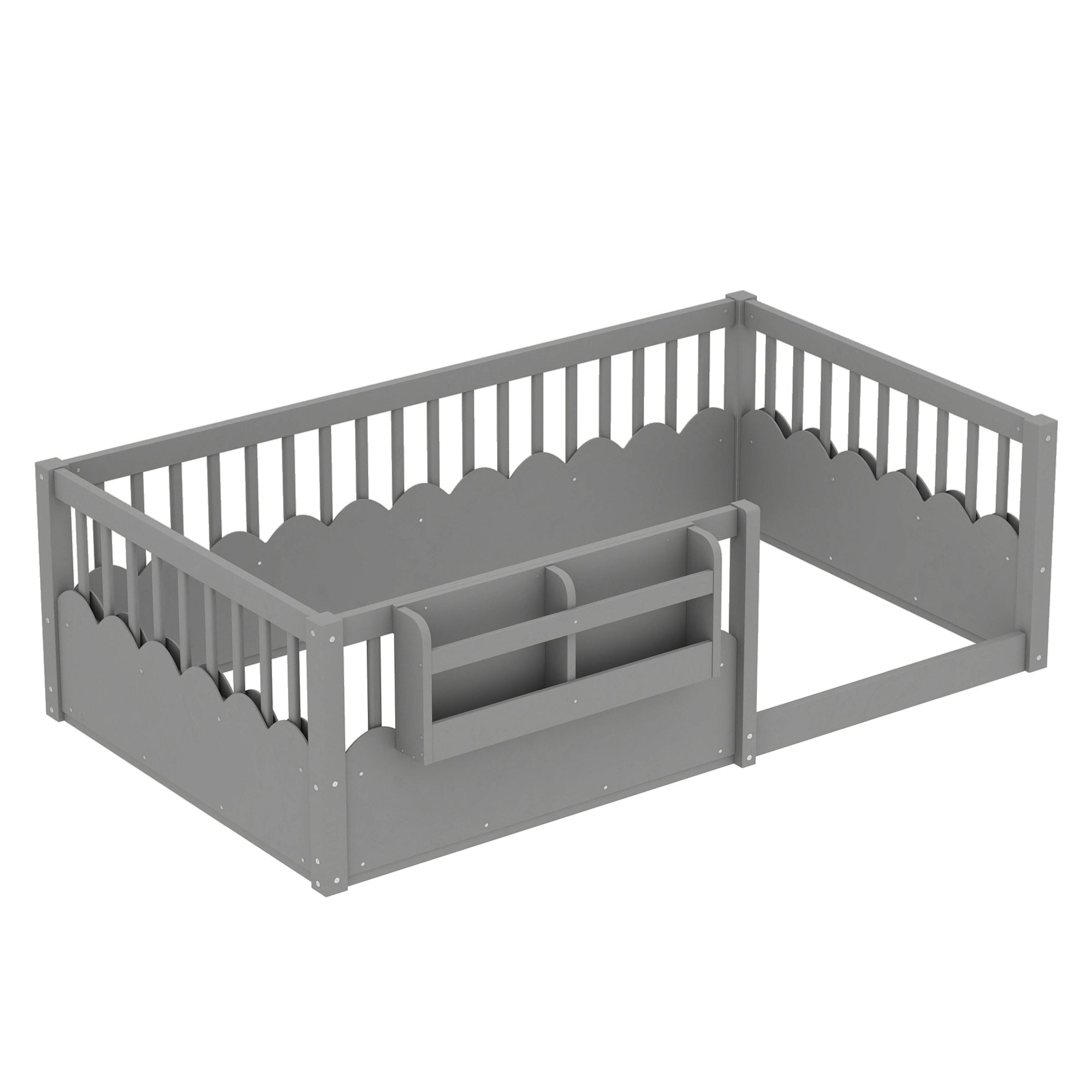 Twin Floor bed with Heightened Fence and bookshelf ,Wood Floor Bed for Kids, Gray.