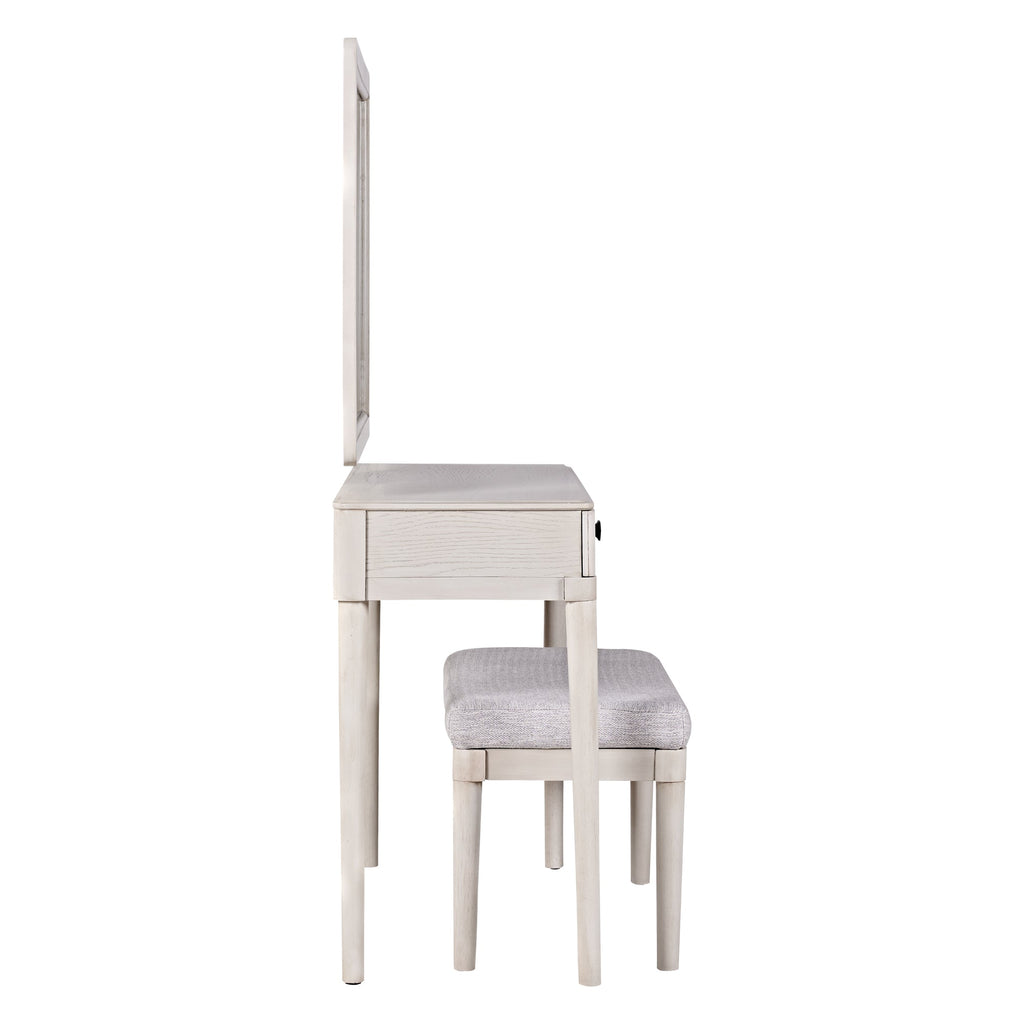Modern Vanity Desk with Mirror, Adult Makeup Table Set with Stool, Home Office Desk, 2 Large Drawers, White