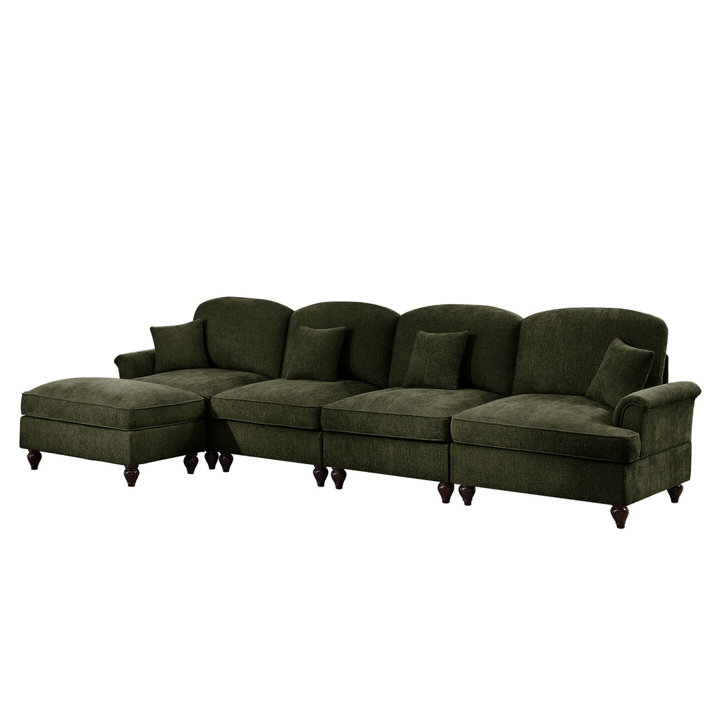 Classic Three Seater Modular L Shaped Sectional Couch with Flared Arms and Removable Ruffles Pleats Skirts and Spindle Legs, Comfy Chenille Four-Seat Deep Seat Sofa with Movable Ottoman, Green