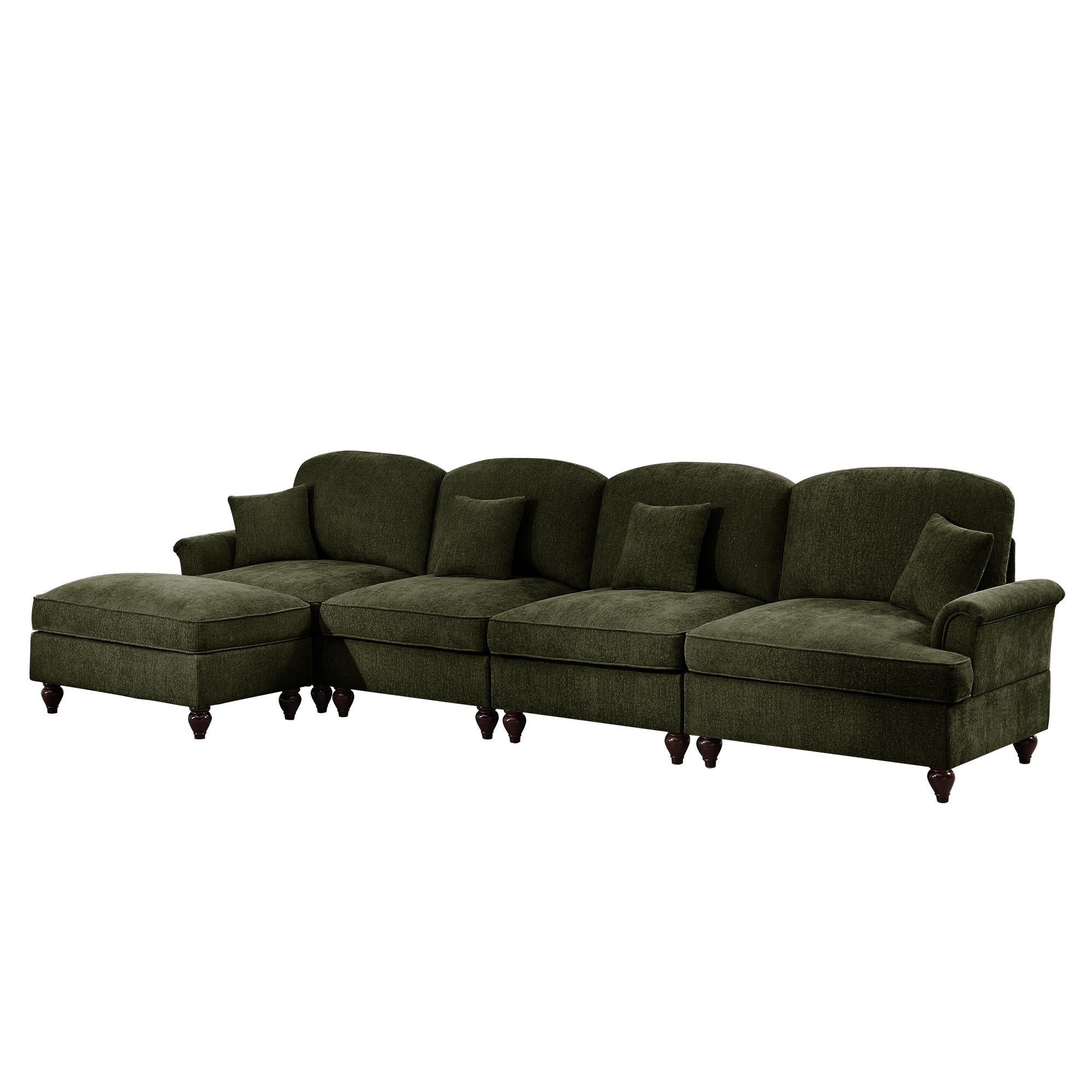 Classic Three Seater Modular L Shaped Sectional Couch with Flared Arms and Removable Ruffles Pleats Skirts and Spindle Legs, Comfy Chenille Four-Seat Deep Seat Sofa with Movable Ottoman, Green