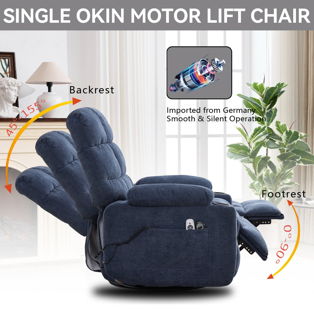 Heat Massage Manual Recliner Chair with Rocker and Swivel in Fabric for Living Room, Blue