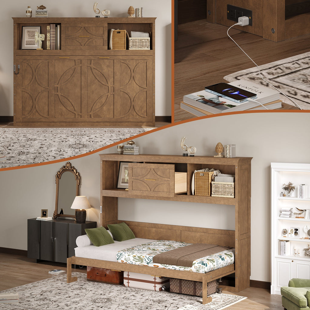 Twin Size Murphy Bed with Charging Station and Drawer in Wood Color, Solid Pine Wood + MDF