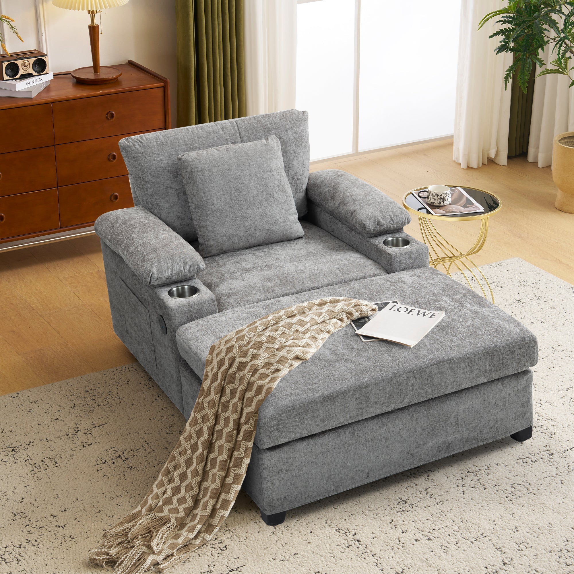 Modern Oversized Chair with Ottoman,Chenille Fabric Sofa Bed,Accent Chair Comfy Sofa with Cupholders and USB Charging Ports Chair for Living Room,Bedroom,Apartment