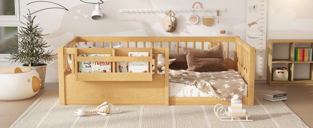 Twin Floor bed with Heightened Fence and bookshelf ,Wood Floor Bed for Kids, Natural.