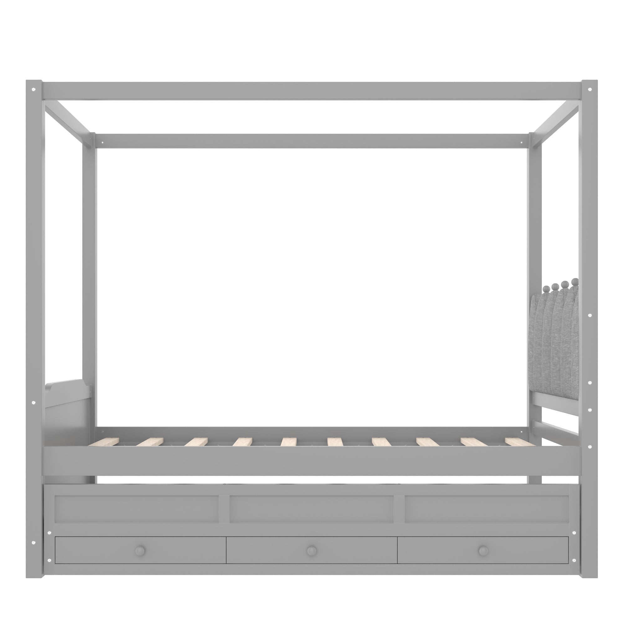 Twin Platform Bed with Upholstered Headboard,Twin Size Trundle and 3 Drawers,Princess Canopy Bed Frame for Kids,Storage & Easy Assembly,Gray