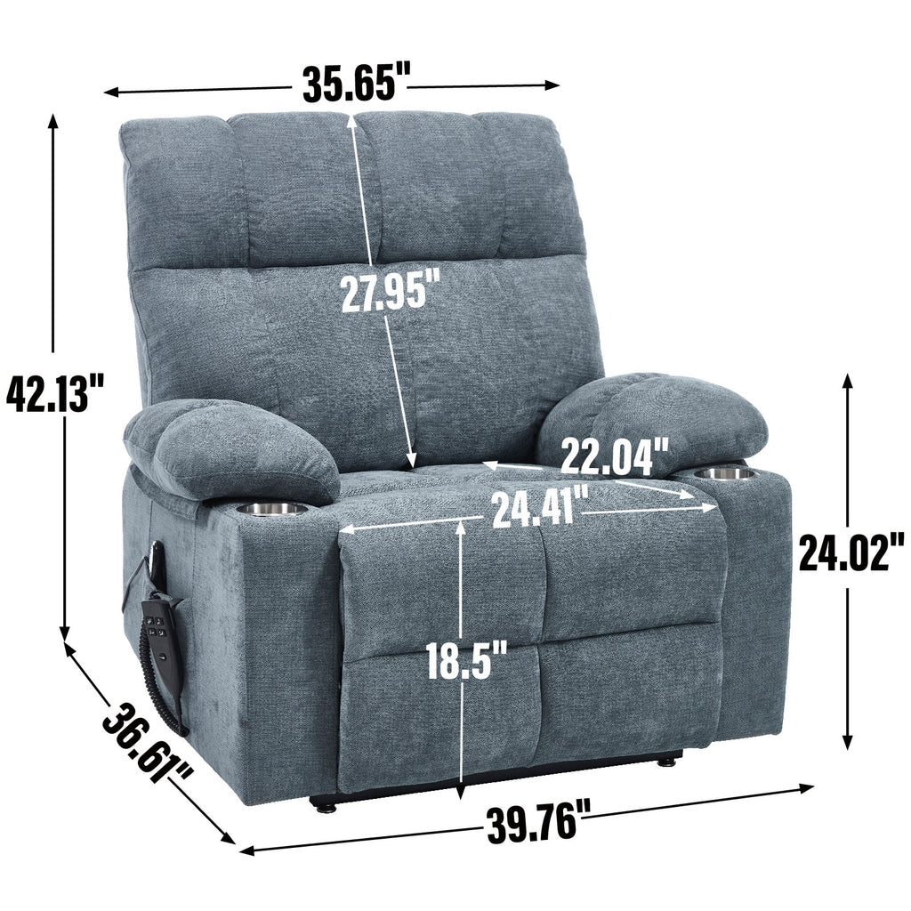Grey Dual Motor Infinite Position Up to 350 LBS Chenille Power Lift Recliner Chair, Heavy Duty Motion Mechanism with 8-Point Vibration Massage and Lumbar Heating, Dual Cup Holders