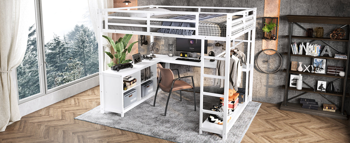 Metal Loft Bed with Wardrobe and L-shaped Desk, Queen Size Loft Bed with Storage Cubes and Shelves, Loft Bed for Kids Teens Adults, White