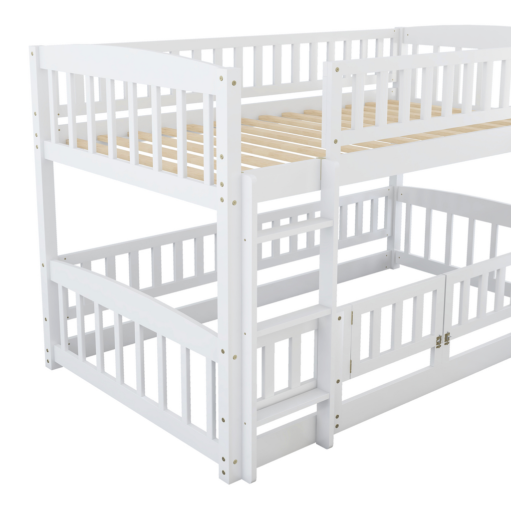 Bunk Bed with Slide,Twin Over Twin Low Bunk Bed with Fence and Ladder for  Kids Teens White