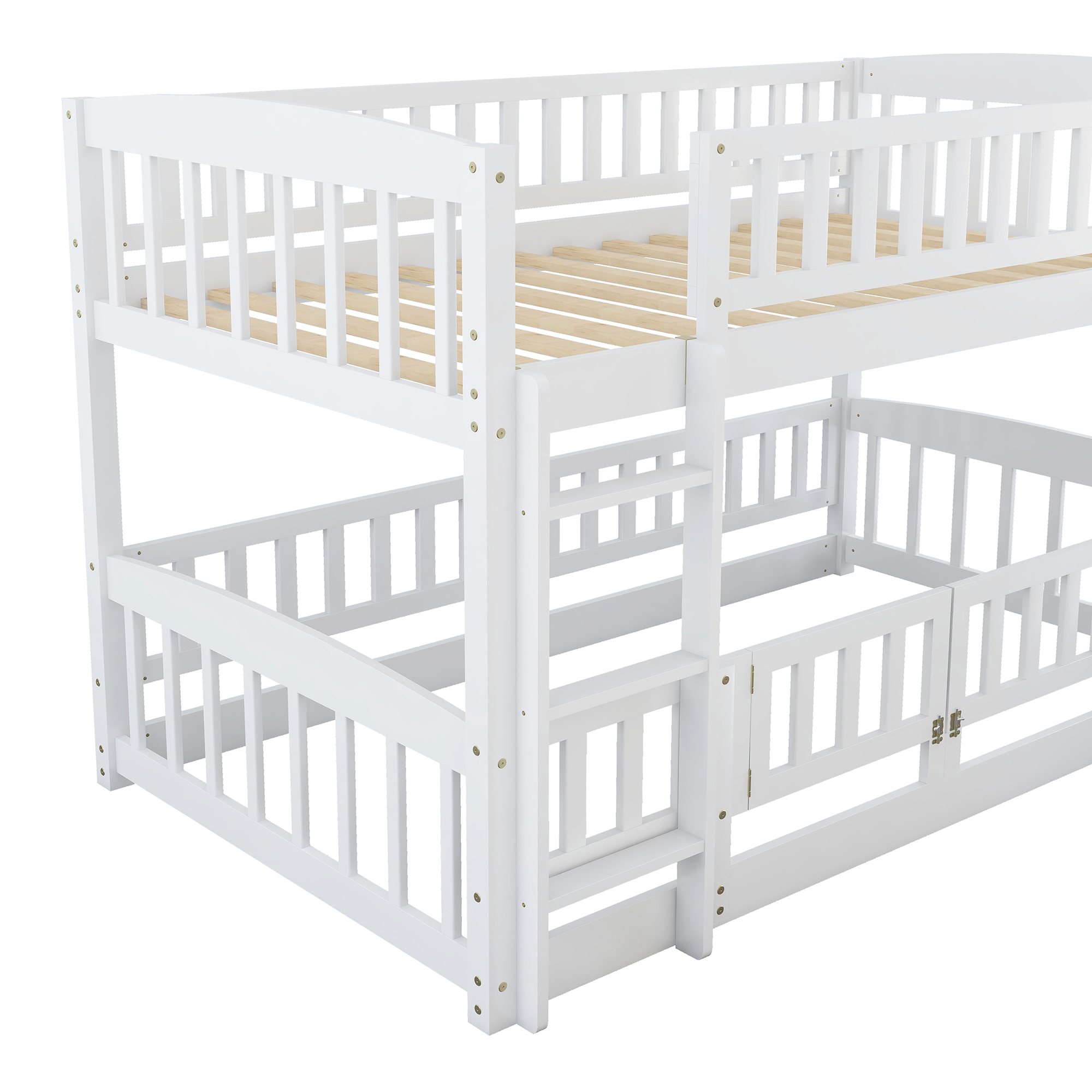 Bunk Bed with Slide,Twin Over Twin Low Bunk Bed with Fence and Ladder for  Kids Teens White