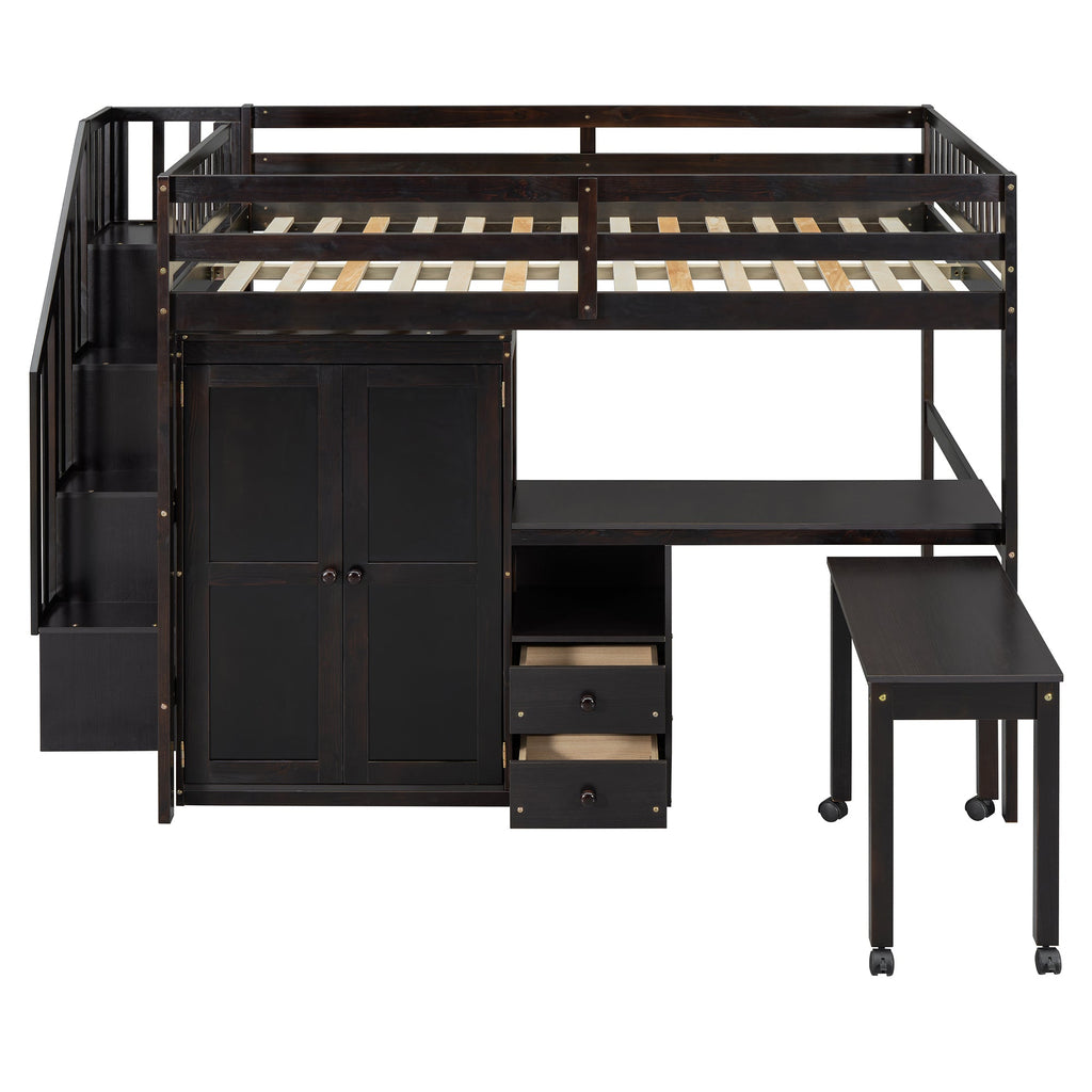 Full Size Loft Bed with Stairs, Bookshelf, Drawers, Desk & Wardrobe – Space-Saving Multifunctional Furniture for Kids & Teens-Espresso