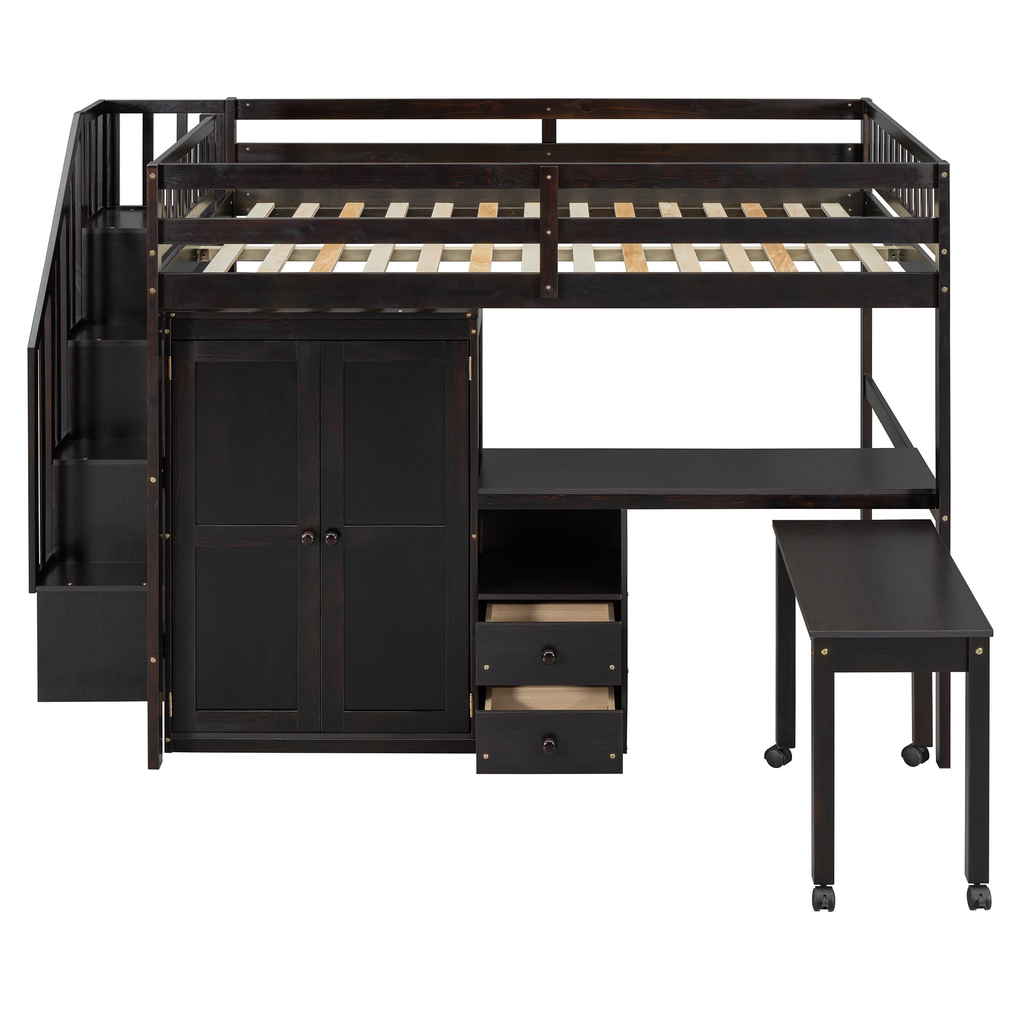 Full Size Loft Bed with Stairs, Bookshelf, Drawers, Desk & Wardrobe – Space-Saving Multifunctional Furniture for Kids & Teens-Espresso