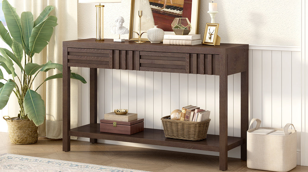 U_STYLE Modern Ash Veneer Console Table, Classic Striped Design, with 2 Drawers & Open Shelf, Perfect for Living Room, Hallway, Entryway, Study Room