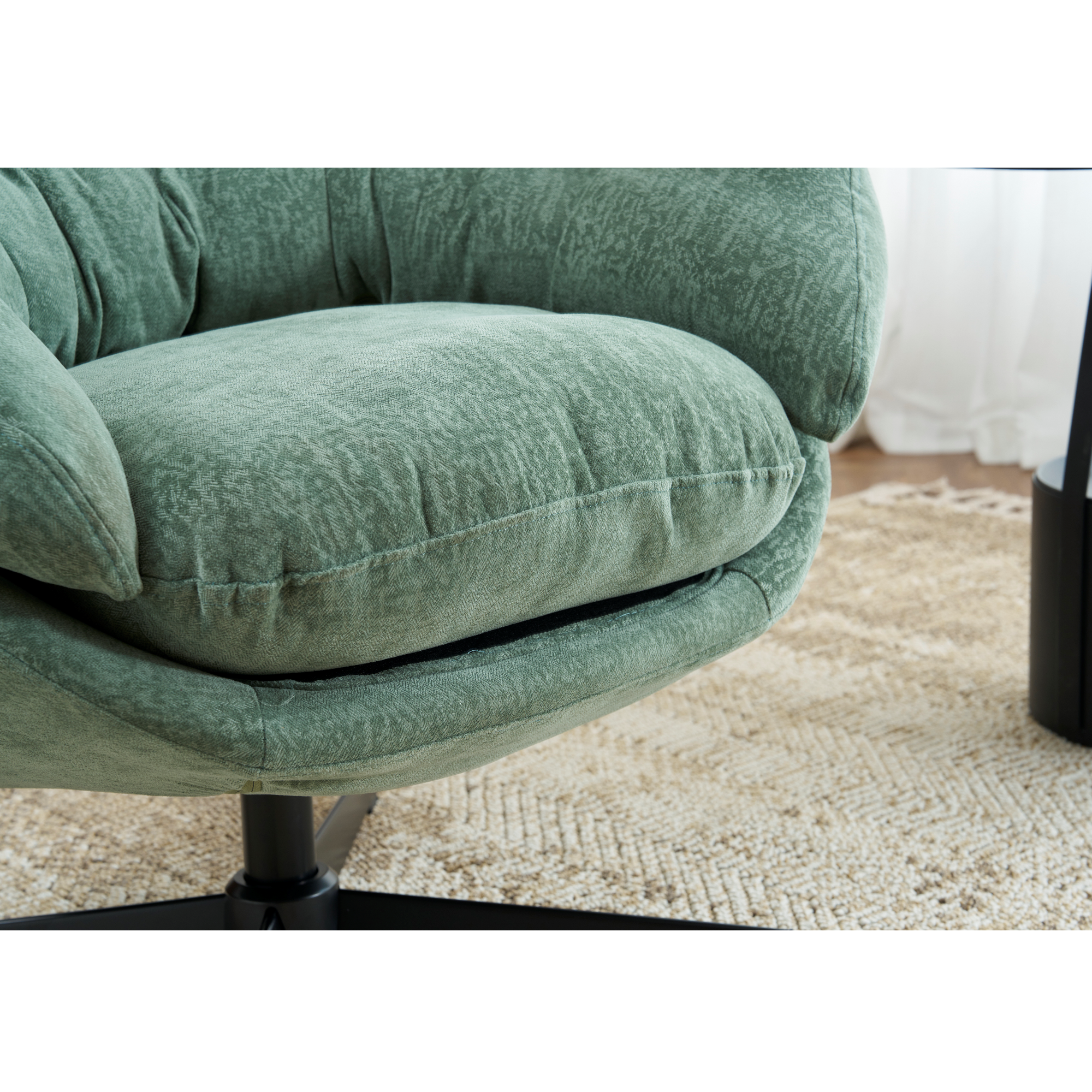 Modern Chenille Office Chair, 360° Swivel Club Chair/Accent Chair with Removable Cushion, Round Office Chair, Black Metal Base, Cotton Material, Living Room, Bedroom, Reading Corner, Office (Green)