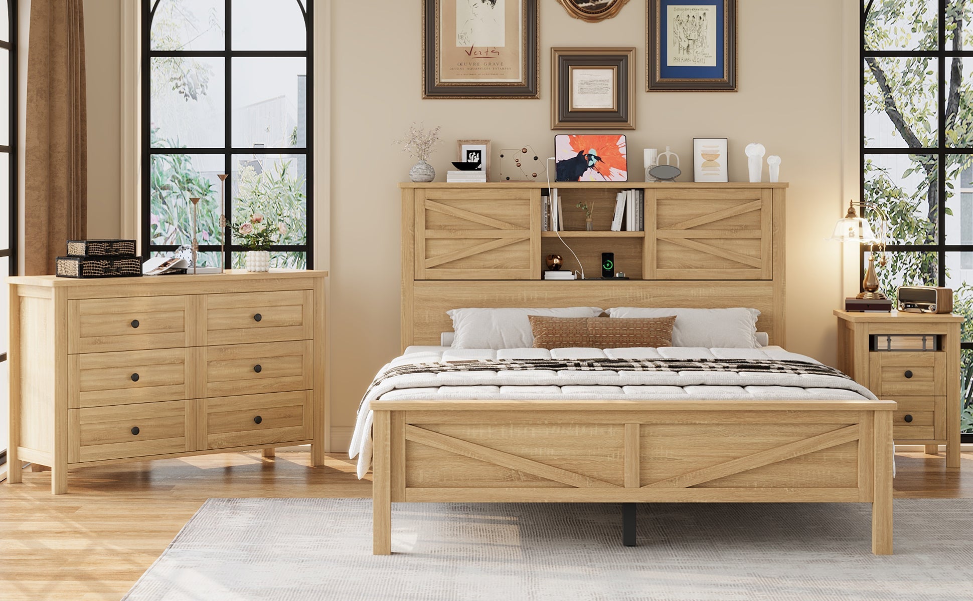 3-Pieces Bedroom Sets Queen Size Farmhouse Platform Bed with Double Sliding Door Storage Headboard and Charging Station, Storage Nightstand and Dresser, Natural