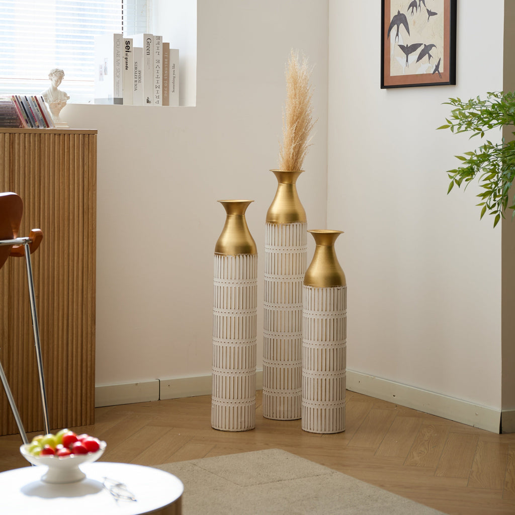 Floor Metal Vases Decorated White Metal Vases Set of 3 Gorgeous Home Decoration Large Glazed Metal Vases 24in/28.7in/33.5in Height