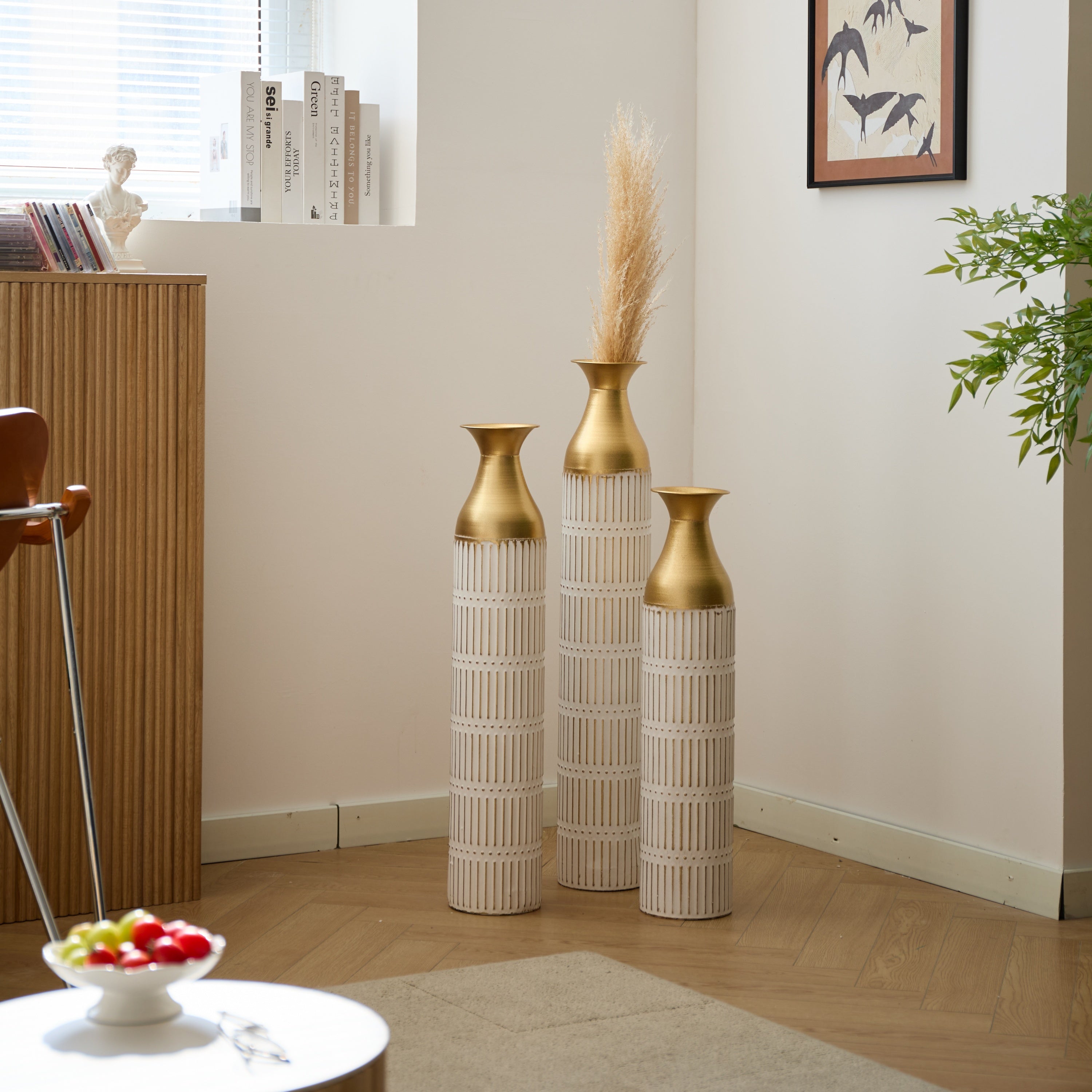 Floor Metal Vases Decorated White Metal Vases Set of 3 Gorgeous Home Decoration Large Glazed Metal Vases 24in/28.7in/33.5in Height