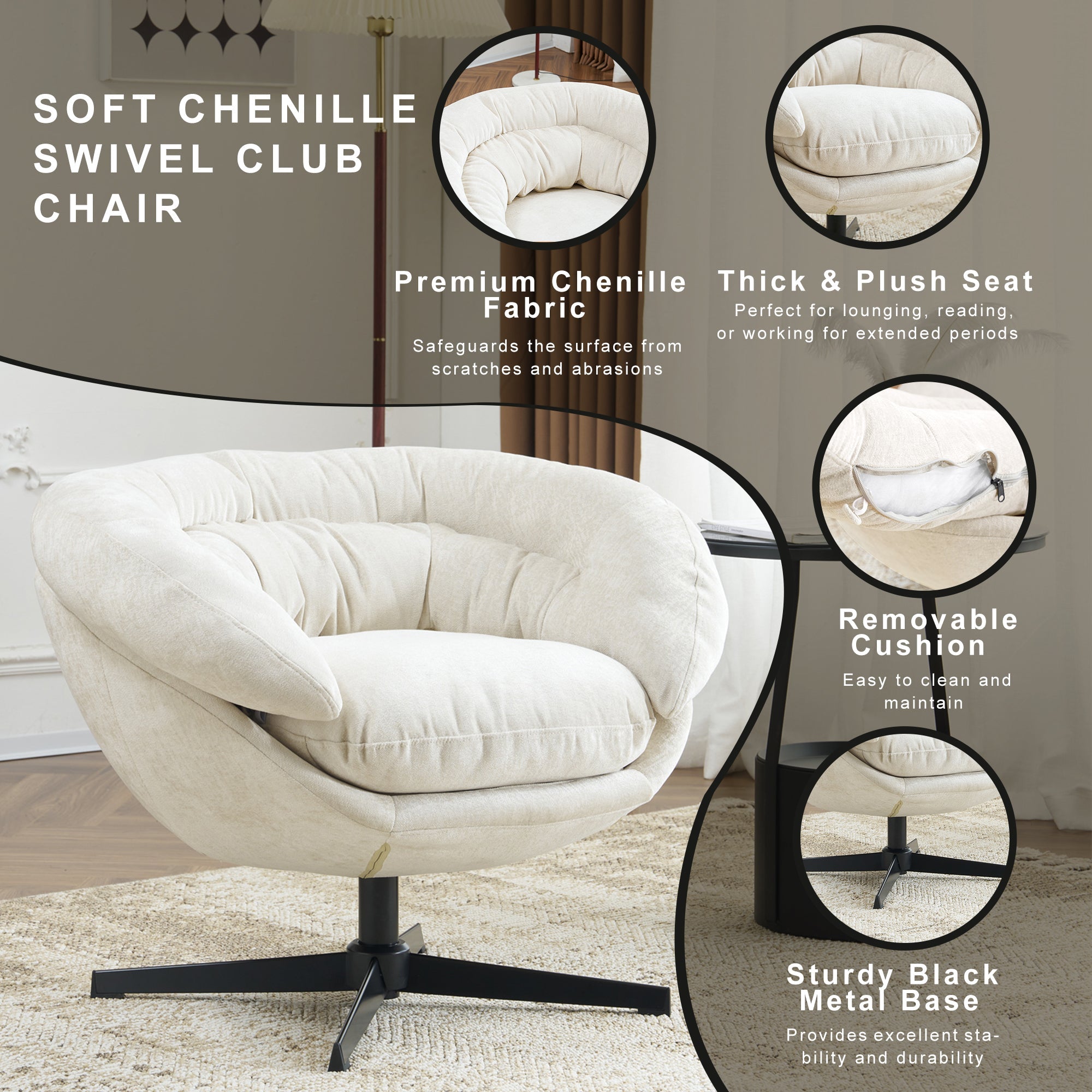 Modern Chenille Office Chair, 360° Swivel Club Chair/Accent Chair with Removable Cushion, Round Office Chair, Black Metal Base, Cotton Material, Living Room, Bedroom, Reading Corner, Office (Beige)