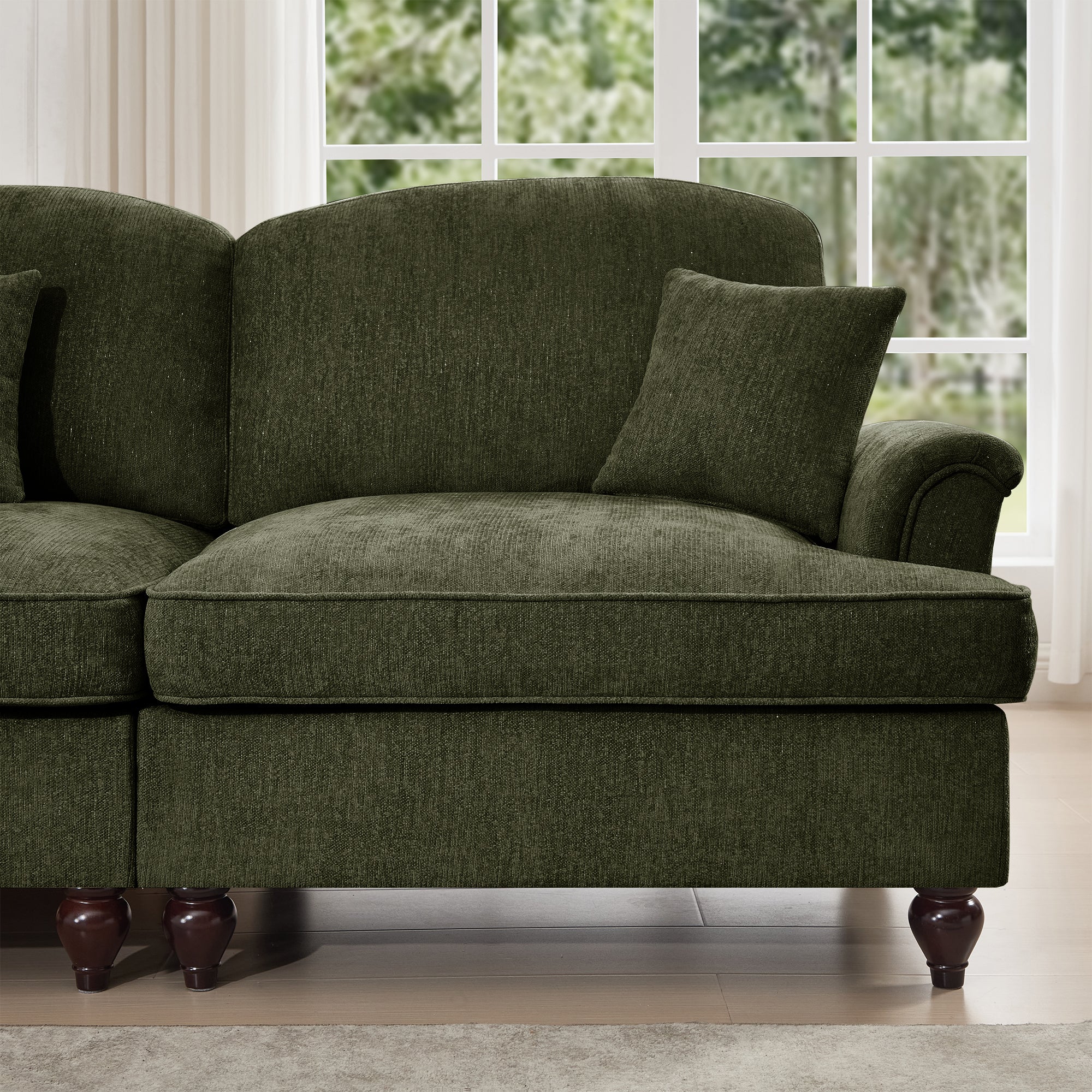 Classic U Shape 4 Seater Modular Sectional Sofa Couch with Flared Arms and Removable Ruffles Pleats Skirts and Spindle Legs, Chenille Deep Seat Cloud Sofa with Movable Ottomans, Green