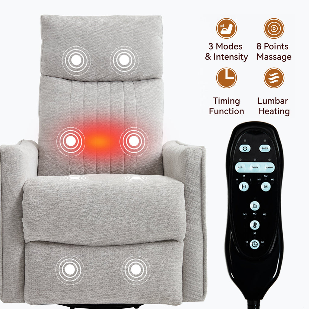 Light Grey Heat Massage Manual Recliner Chair with Rocker and Swivel in Fabric for Living Room