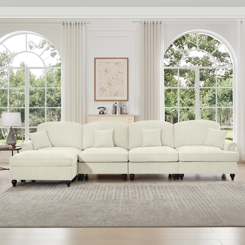 Classic Three Seater Modular L Shaped Sectional Couch with Flared Arms and Removable Ruffles Pleats Skirts and Spindle Legs, Comfy Chenille Four-Seat Deep Seat Sofa with Movable Ottoman, Beige White