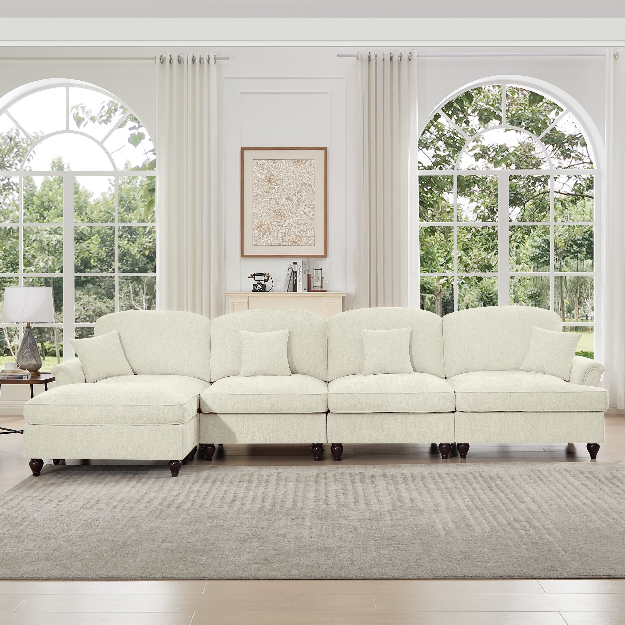 Classic Three Seater Modular L Shaped Sectional Couch with Flared Arms and Removable Ruffles Pleats Skirts and Spindle Legs, Comfy Chenille Four-Seat Deep Seat Sofa with Movable Ottoman, Beige White