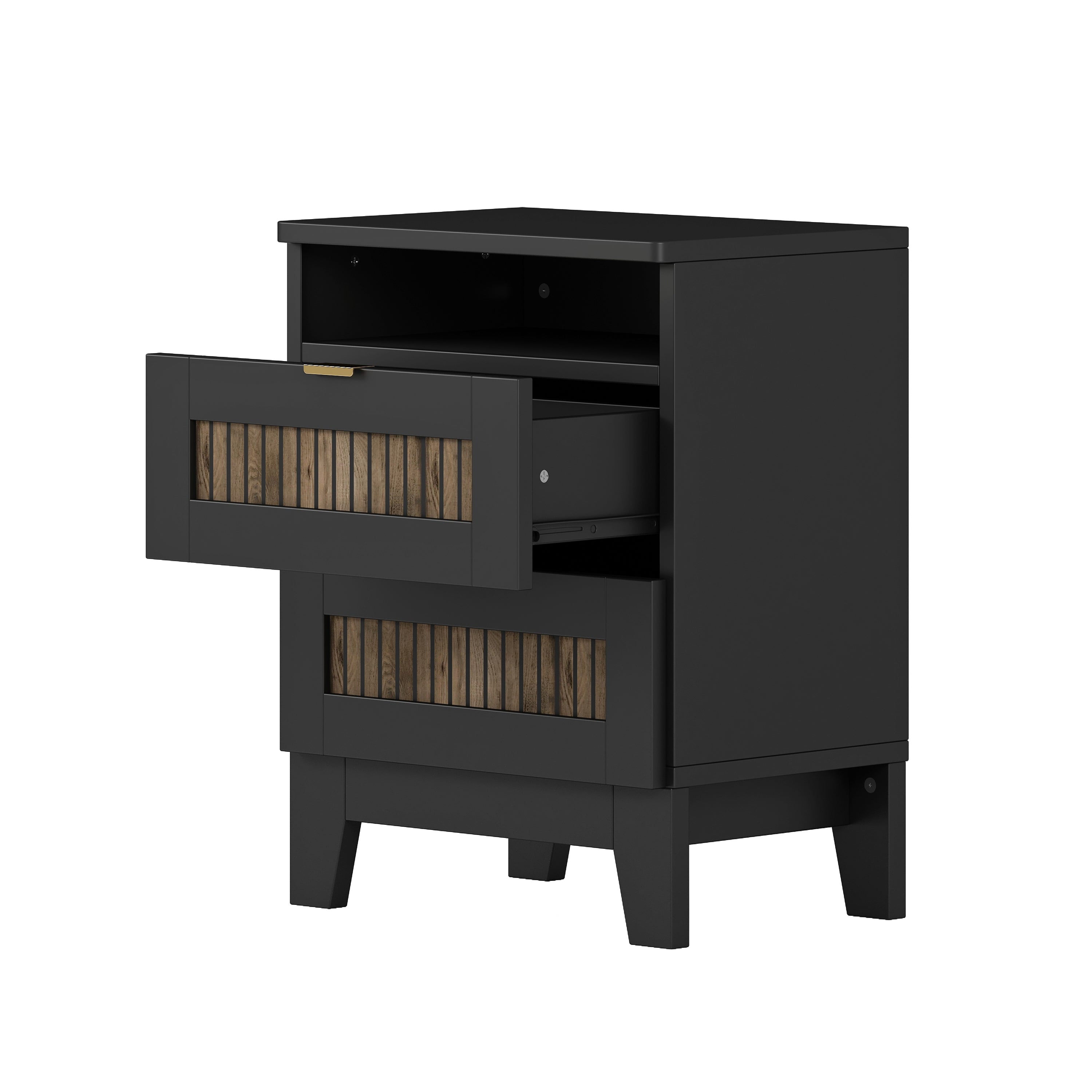 4-Pieces Bedroom Sets, Queen Size Farmhouse Platform Bed with Wooden Strip Stickers Decoration, Storage Nightstand and Dresser with Metal Handle, Black(Old SKU: HL000191AAB)