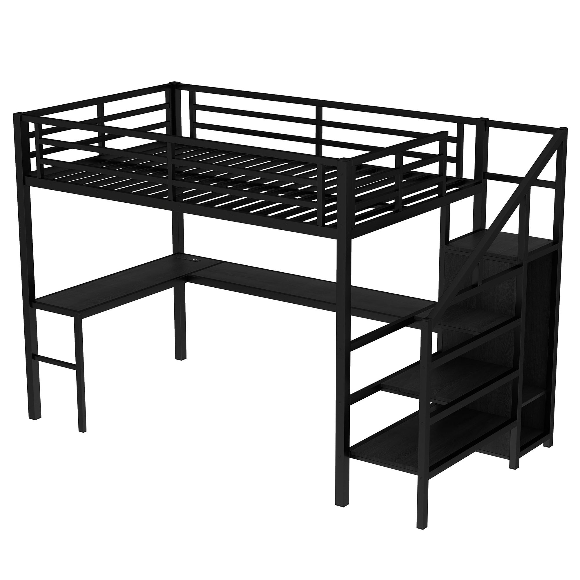 Full Size Loft Bed with L-shaped Desk and USB, Metal Loft Bed with Wardrobe and Adjustable Shelf, High Loft Bed with LED for Kids Teens Adults, Black