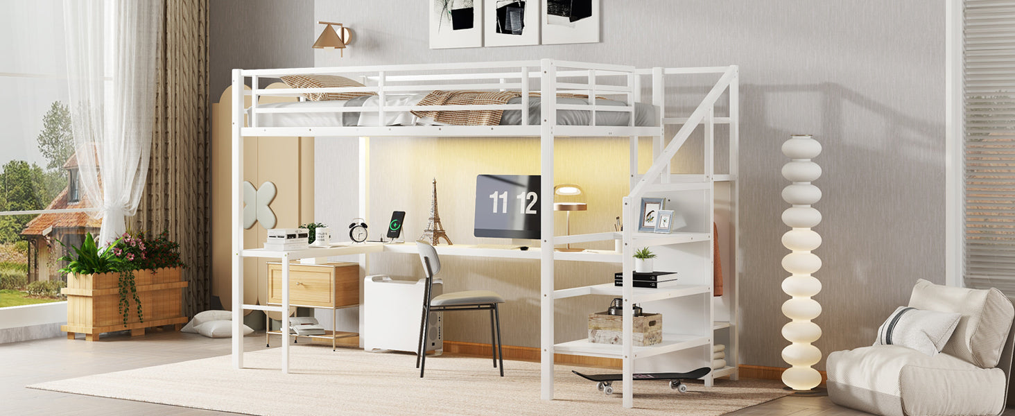 Twin XL Size Loft Bed with L-shaped Desk and USB, Metal Loft Bed with Wardrobe and Adjustable Shelf, High Loft Bed with LED for Kids Teens Adults, White
