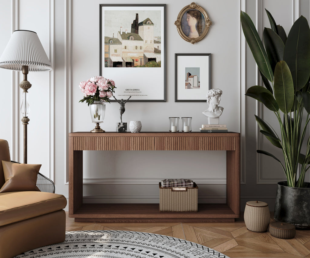 60' Modern 2-Drawer Fluted Console Table Natural Wood Veneer Sofa Table Behind Couch Table for Living Room, Hallway, Entryway, Home Office, Walnut