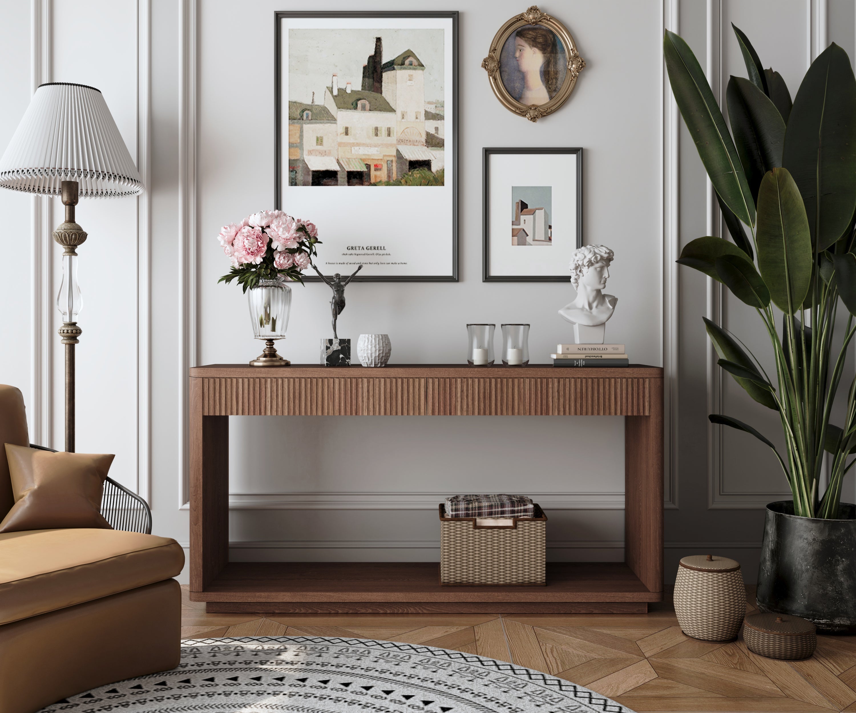 60' Modern 2-Drawer Fluted Console Table Natural Wood Veneer Sofa Table Behind Couch Table for Living Room, Hallway, Entryway, Home Office, Walnut