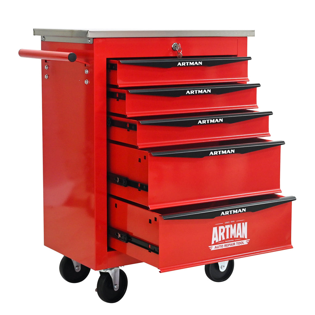 5 Drawers Multifunctional Tool Cart with Wheels,Metal Rolling Tool Cart Storage for Garage Workshop Warehouse Repair Shop--With Stainless Steel Roof--Red&Black